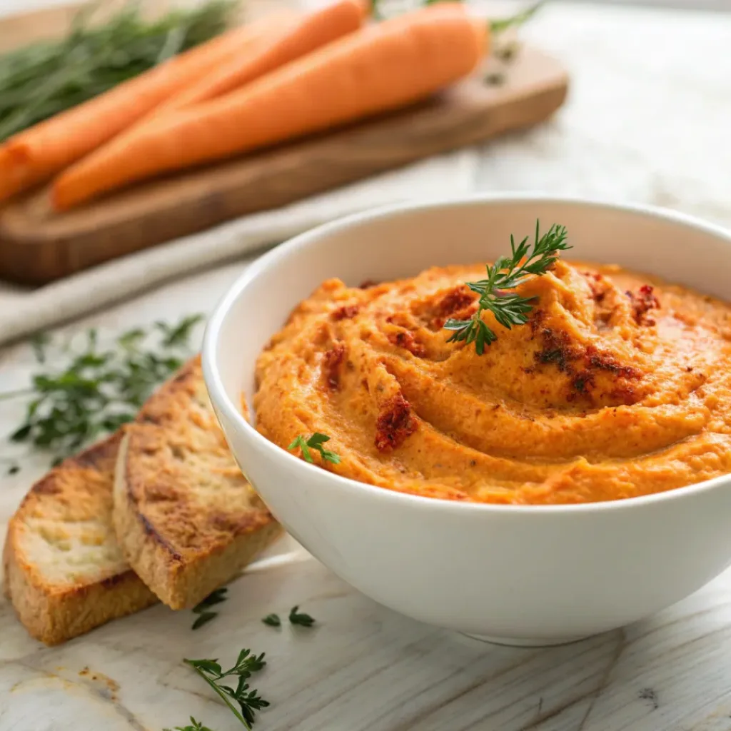 Smooth and creamy smoky carrot dip served in a bowl with paprika garnish.