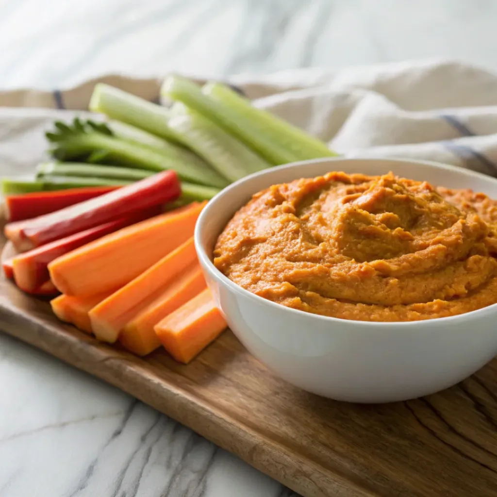 Smoky carrot dip served in a bowl with fresh vegetable sticks on the side.