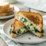 Golden grilled cheese sandwich stuffed with creamy spinach and artichoke filling.