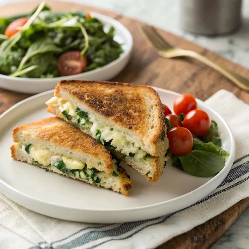 Spinach artichoke grilled cheese served on plate with fresh salad on side.