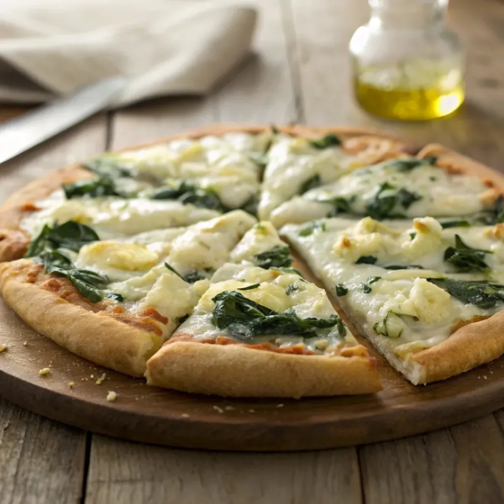 Creamy spinach artichoke pizza with melted cheese on a crispy crust.