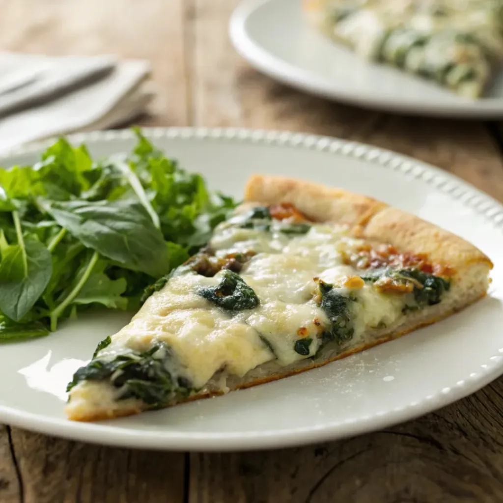 Slice of spinach artichoke pizza served with fresh green salad.