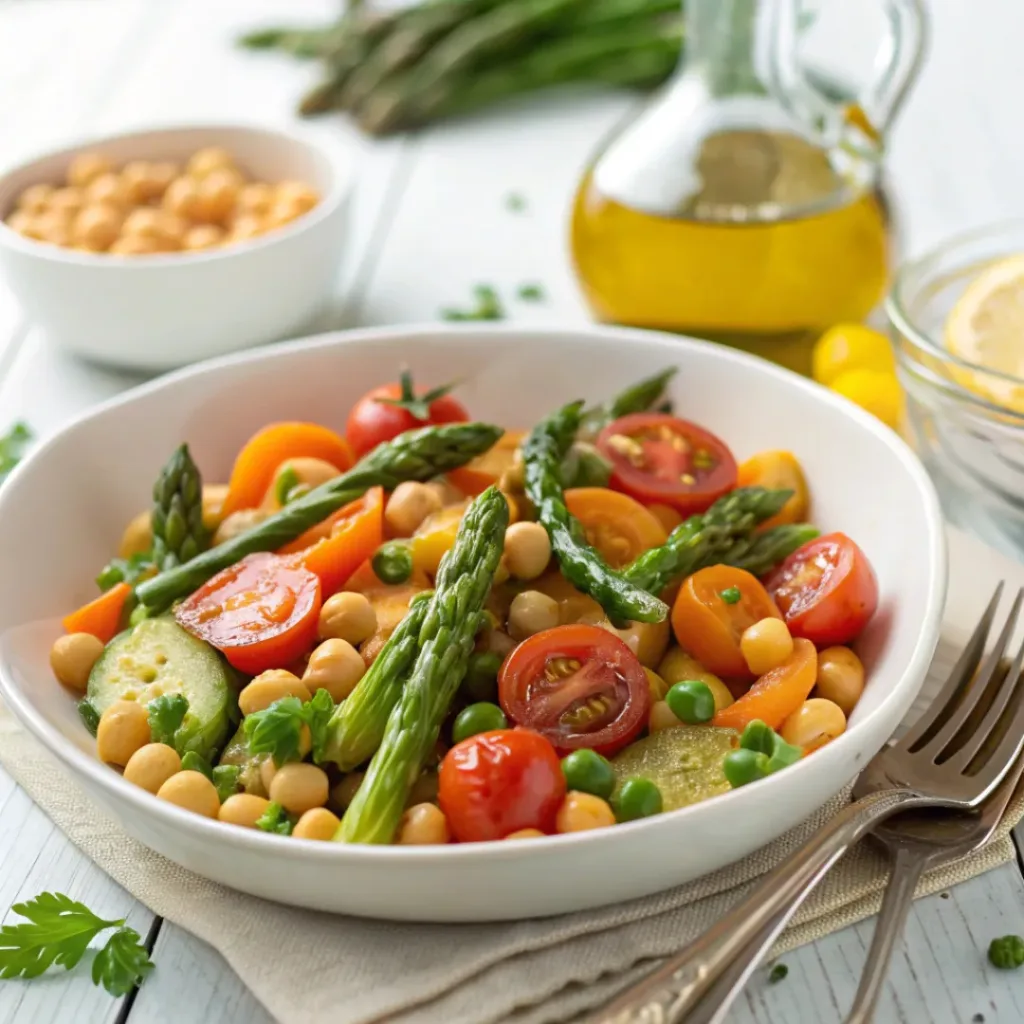 Colorful chickpea pasta tossed with roasted spring vegetables on a white plate.