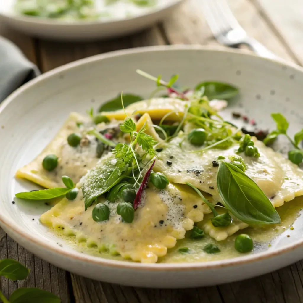 Plated spring vegetable ravioli with creamy dressing, microgreens, and Parmesan, ready to serve.