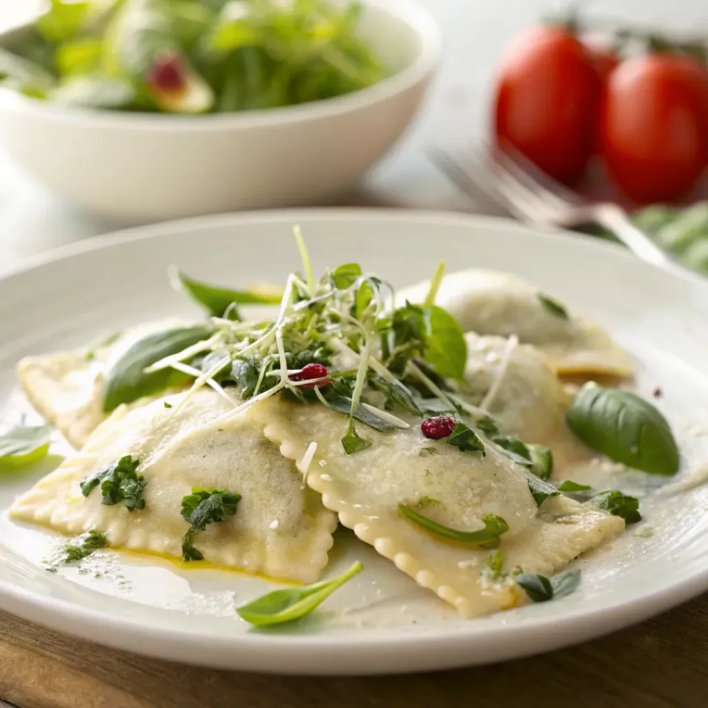 Colorful spring vegetable ravioli drizzled with creamy dressing and garnished with fresh herbs.