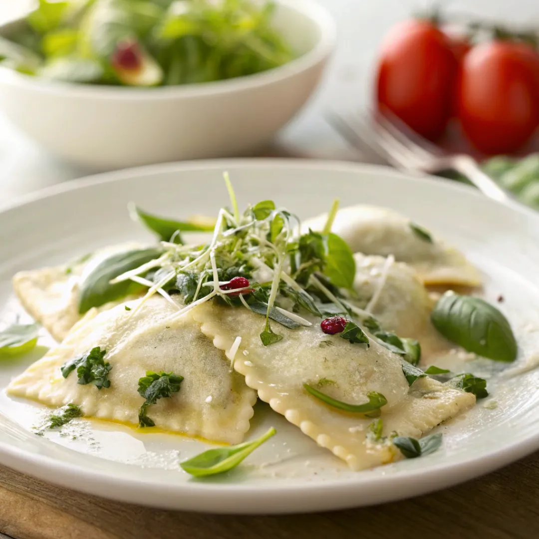 Colorful spring vegetable ravioli drizzled with creamy dressing and garnished with fresh herbs.
