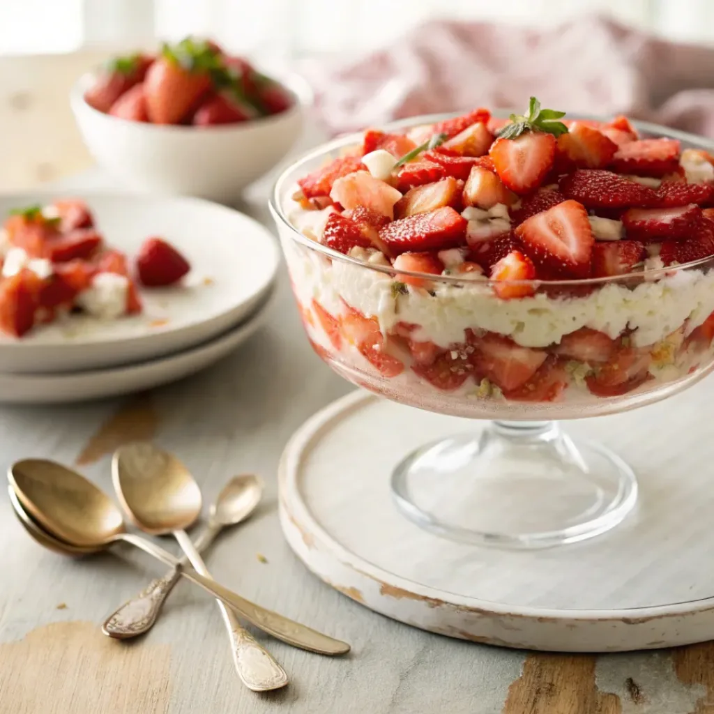 Strawberry Crackle Salad in a glass dish with diced strawberries on top, ready to serve.