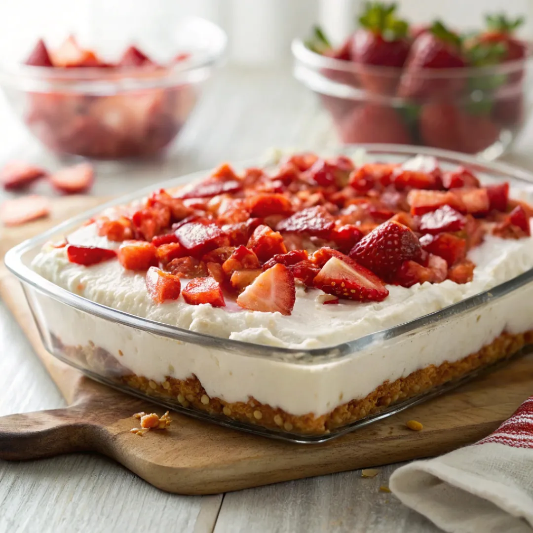 Creamy strawberry crackle salad with whipped topping, diced strawberries, and crunchy crust.