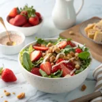 Fresh strawberry salad with greens, sliced strawberries, nuts, and crunchy toppings in a bowl.