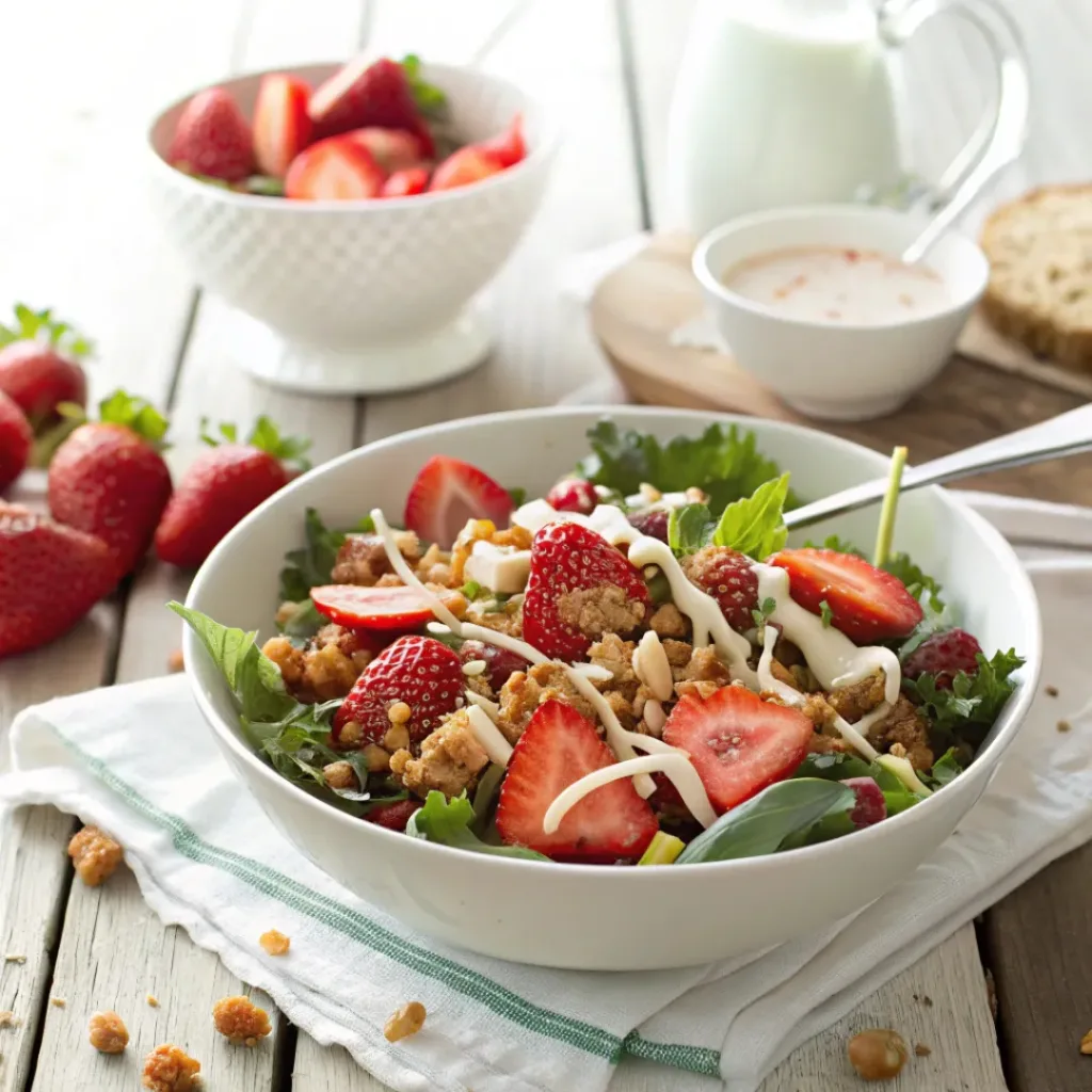 Fresh strawberry crunch salad served in a bowl with extra vinaigrette on the side.
