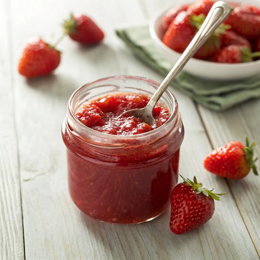 Fresh homemade strawberry jam in a glass jar with a spoon.
