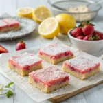 Strawberry lemonade bars with pink strawberry layer and lemon glaze on a plate.