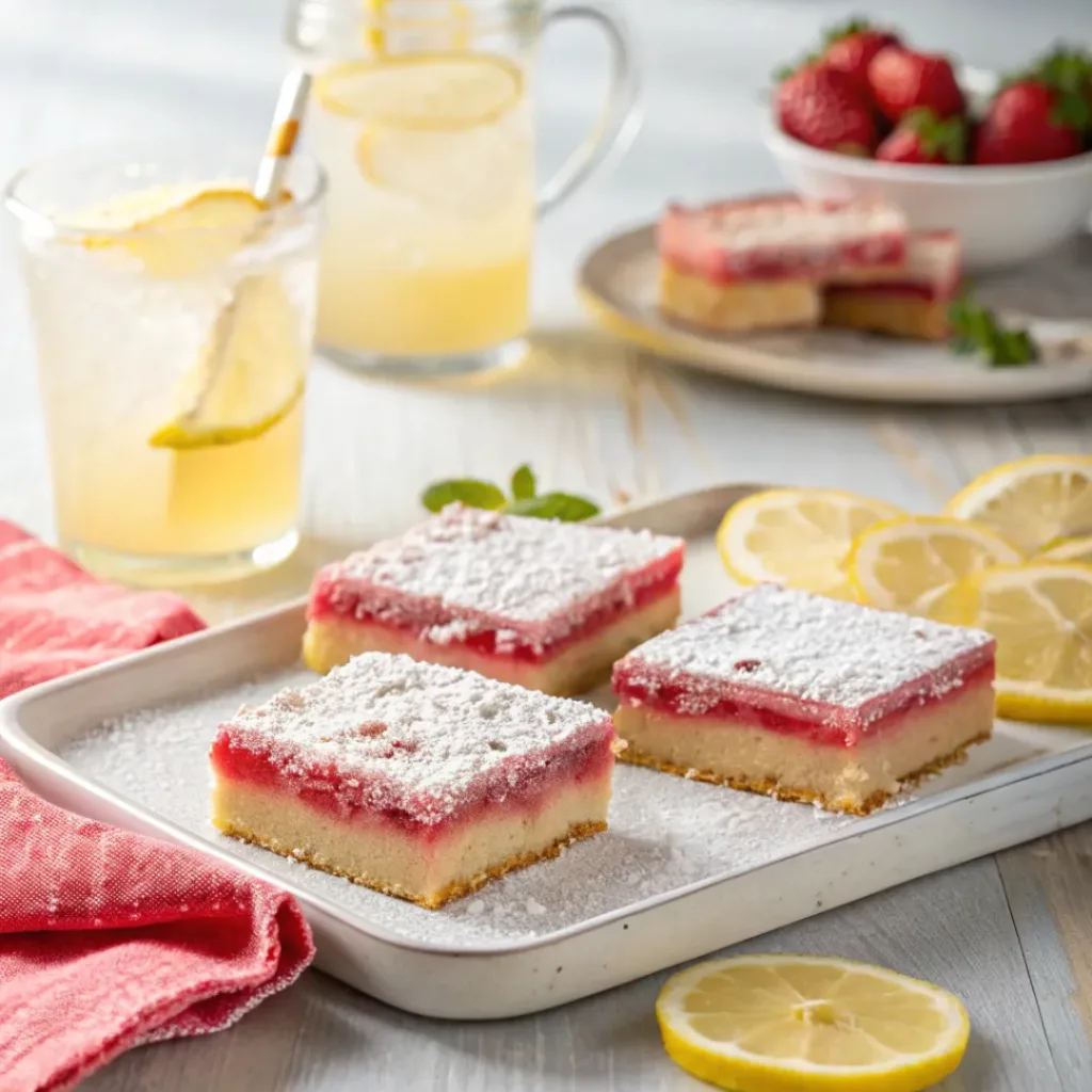 Strawberry Lemonade Bars – Sweet & Tangy Summer Dessert 8 Strawberry lemonade bars on a plate served with a glass of lemonade.