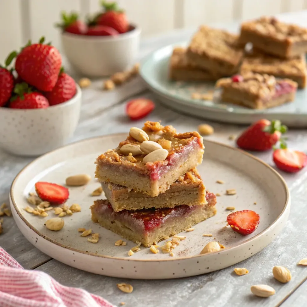 Strawberry peanut butter bars stacked on a plate with fresh strawberries on the side.
