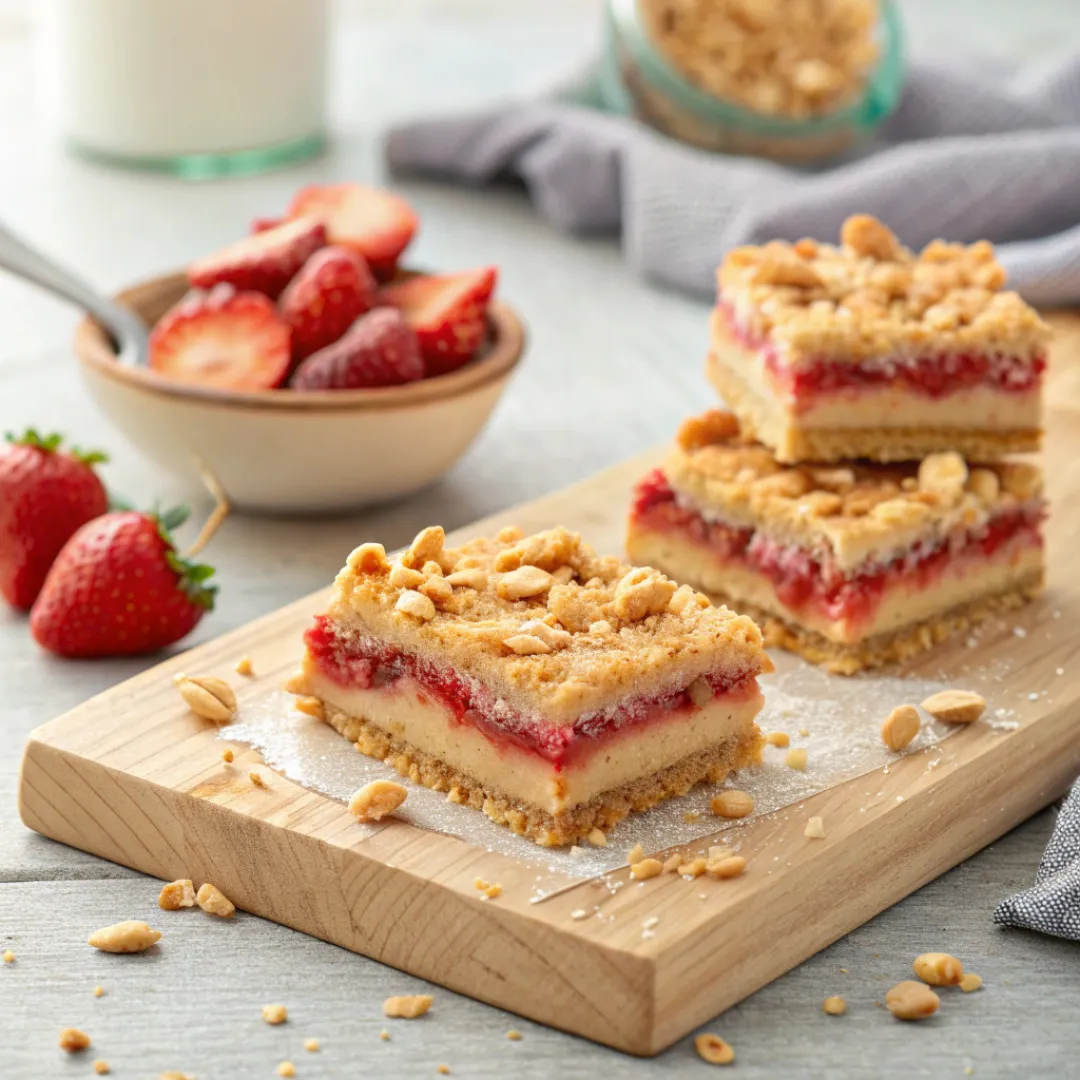 Layered strawberry peanut butter bars on a wooden board topped with chopped peanuts.