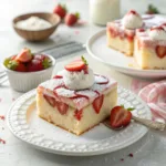 Moist strawberry poke cake topped with whipped cream and fresh strawberries on a serving plate.