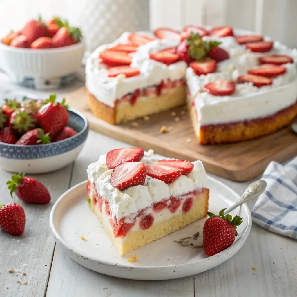 Sliced strawberry poke cake on plate garnished with whipped cream and fresh strawberries, ready to serve.