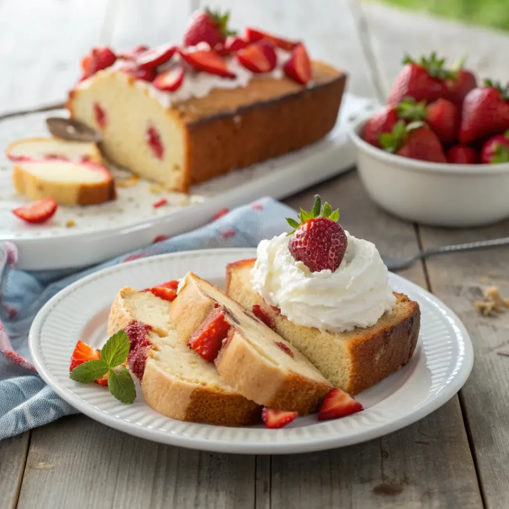 Slice of strawberry pound cake served with whipped cream and fresh strawberries.
