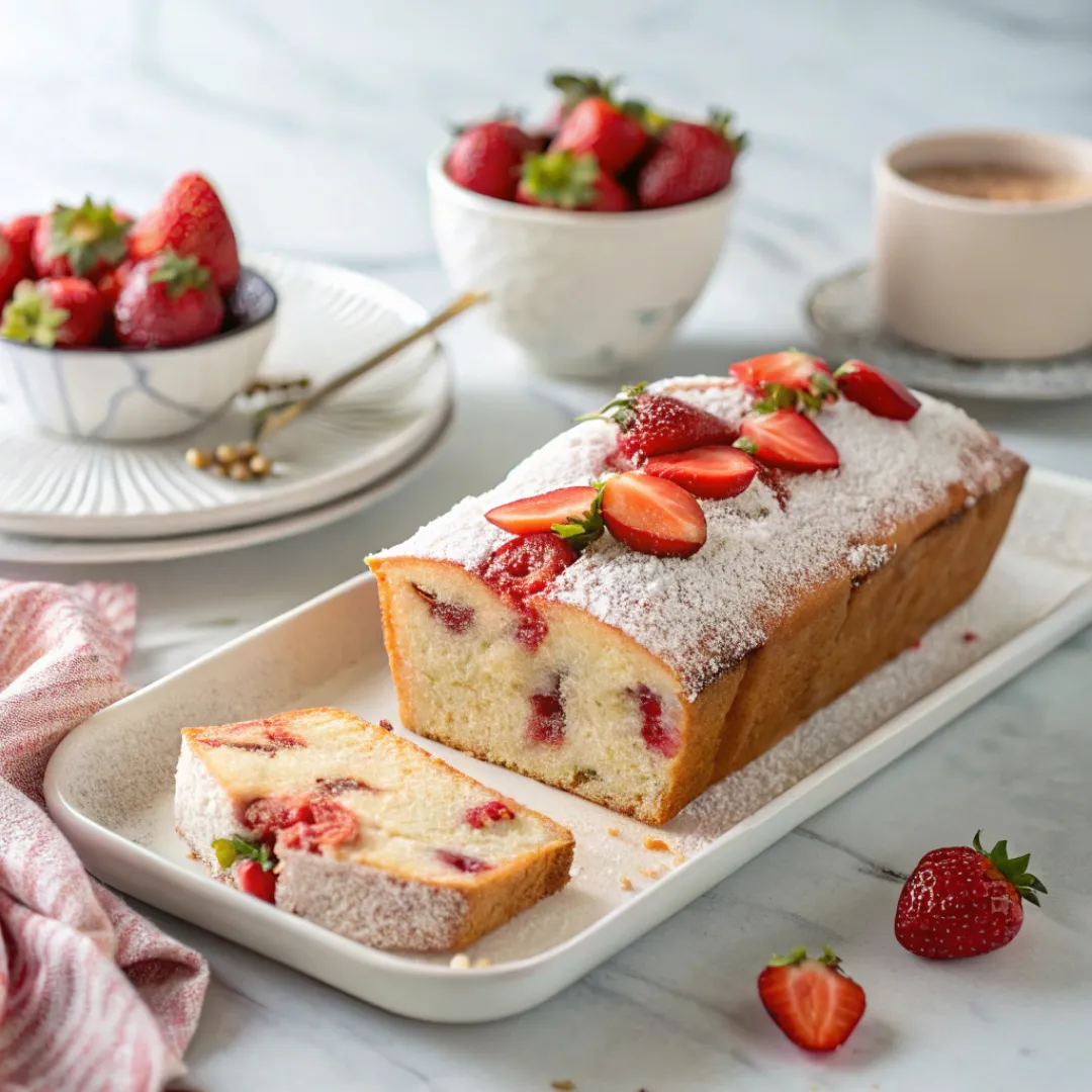 Moist strawberry pound cake topped with fresh strawberries and powdered sugar.