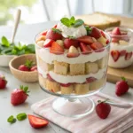 Layered strawberry shortcake trifle in a glass bowl
