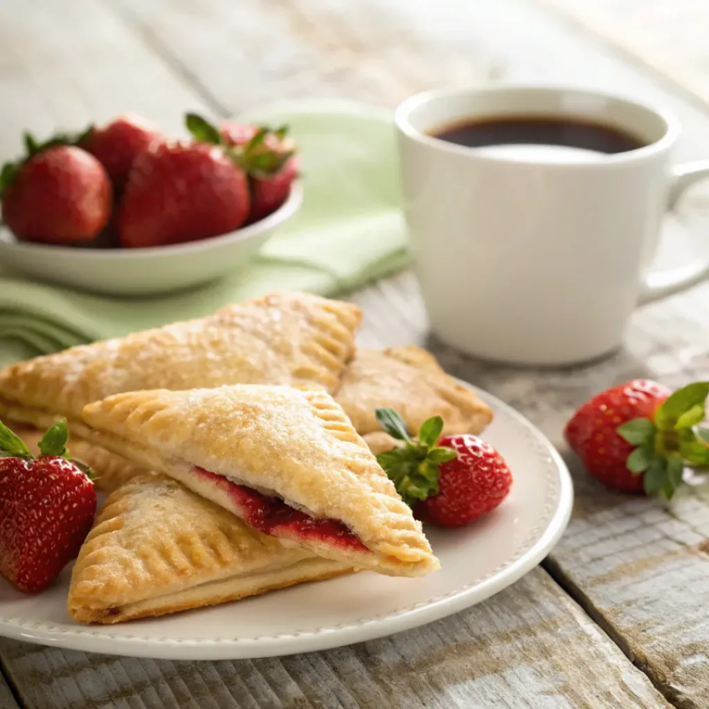 Strawberry turnovers on a plate with fresh strawberries and a cup of coffee.