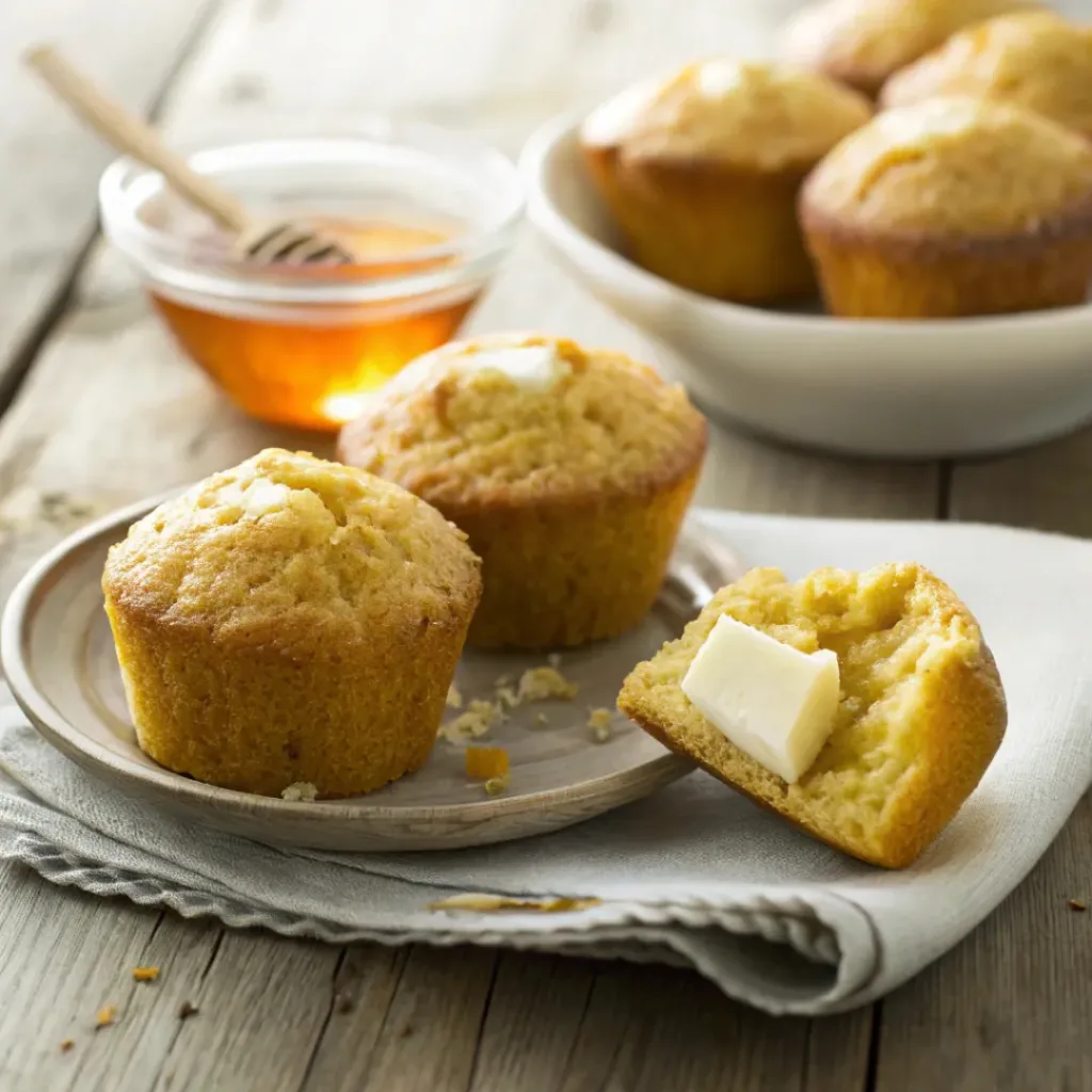 Sweet Southern Cornbread Muffins – Soft, Golden & Slightly Sweet 8 Cornbread muffins served with butter and honey drizzle.