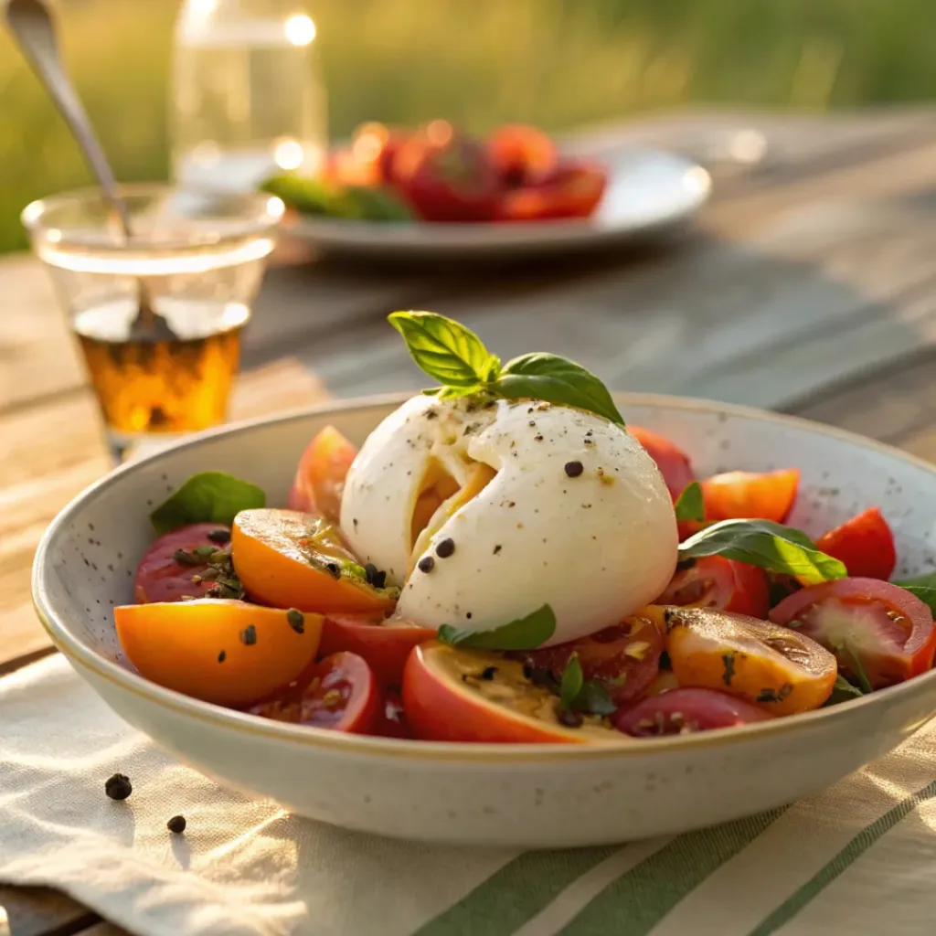 Burrata salad with peaches, tomatoes, basil, and balsamic glaze