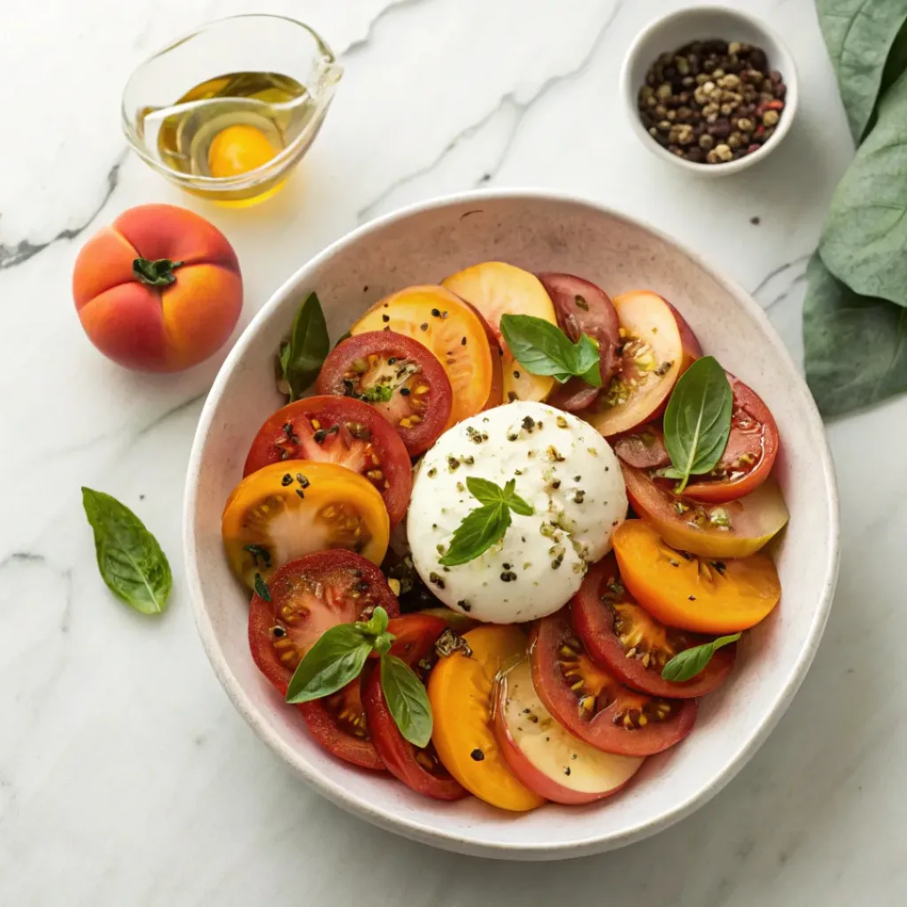 Flat lay of peaches, tomatoes, burrata, basil, and olive oil