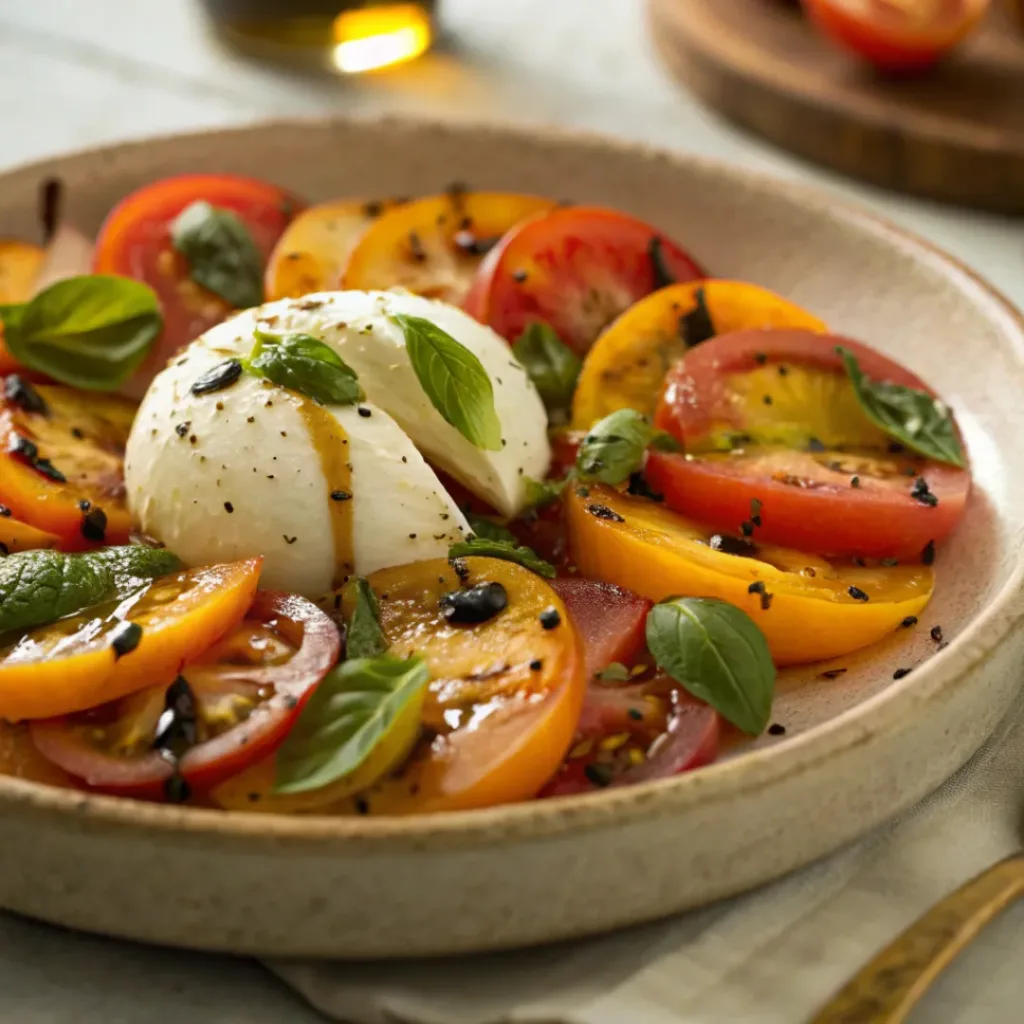 Burrata salad with peaches, tomatoes, basil, and olive oil