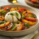 Burrata salad with peaches, tomatoes, basil, and olive oil