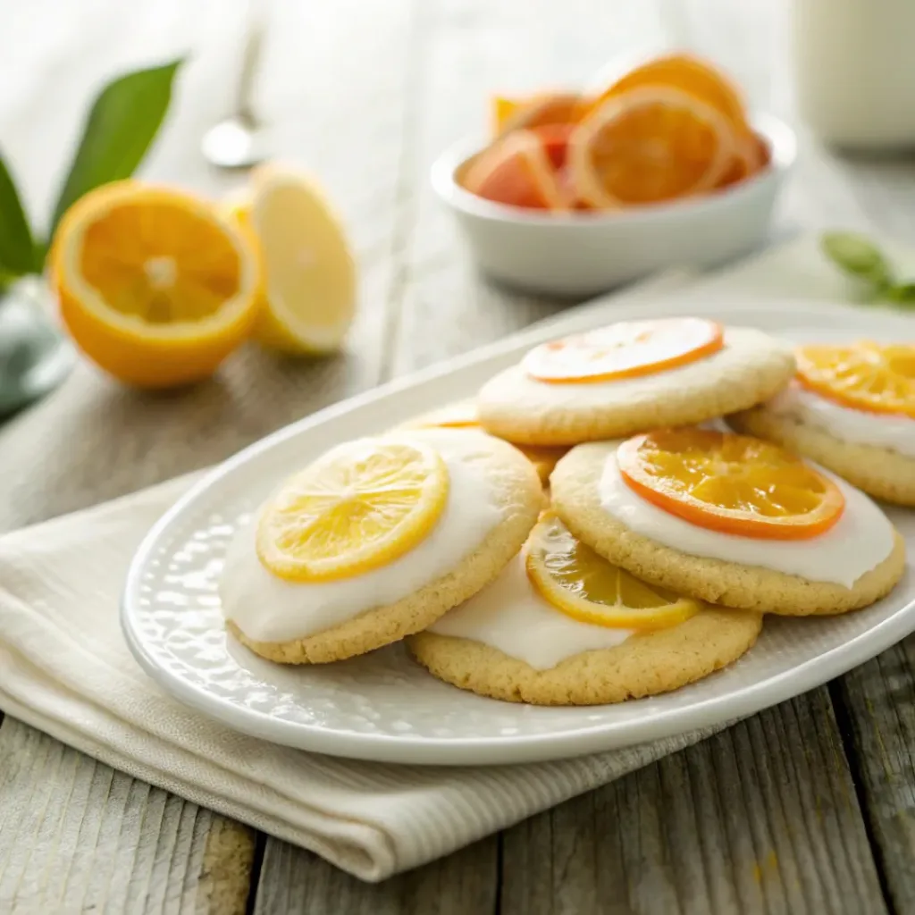 Soft triple citrus cookies served with orange, lemon, and lime slices