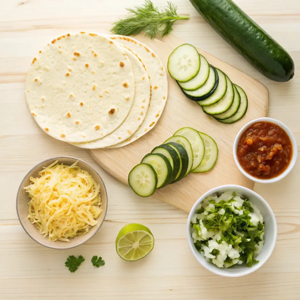 Flat lay of tortillas, zucchini, cheese, and seasoning ingredients