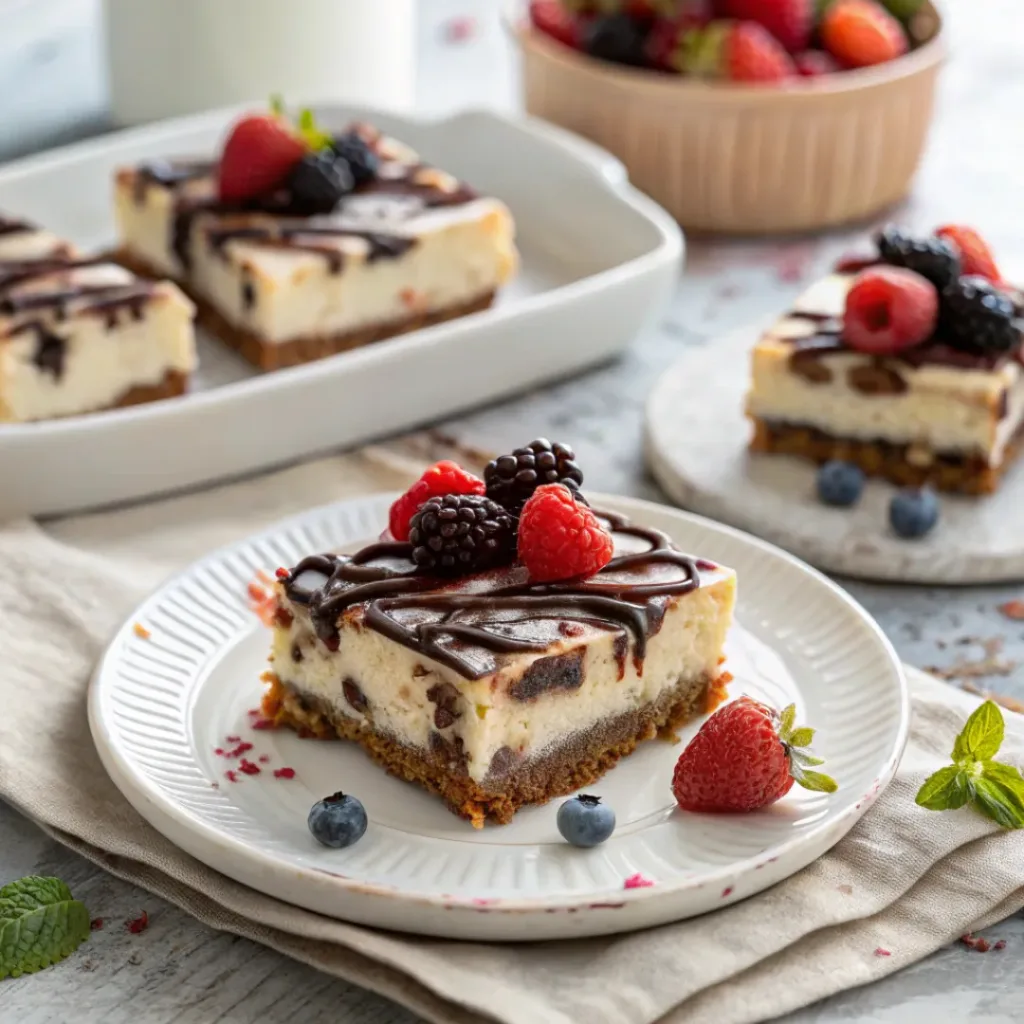 Cannoli Cheesecake Bars – Creamy Italian Dessert Bars 8 Cannoli cheesecake bars on a plate with chocolate drizzle and fresh berries.