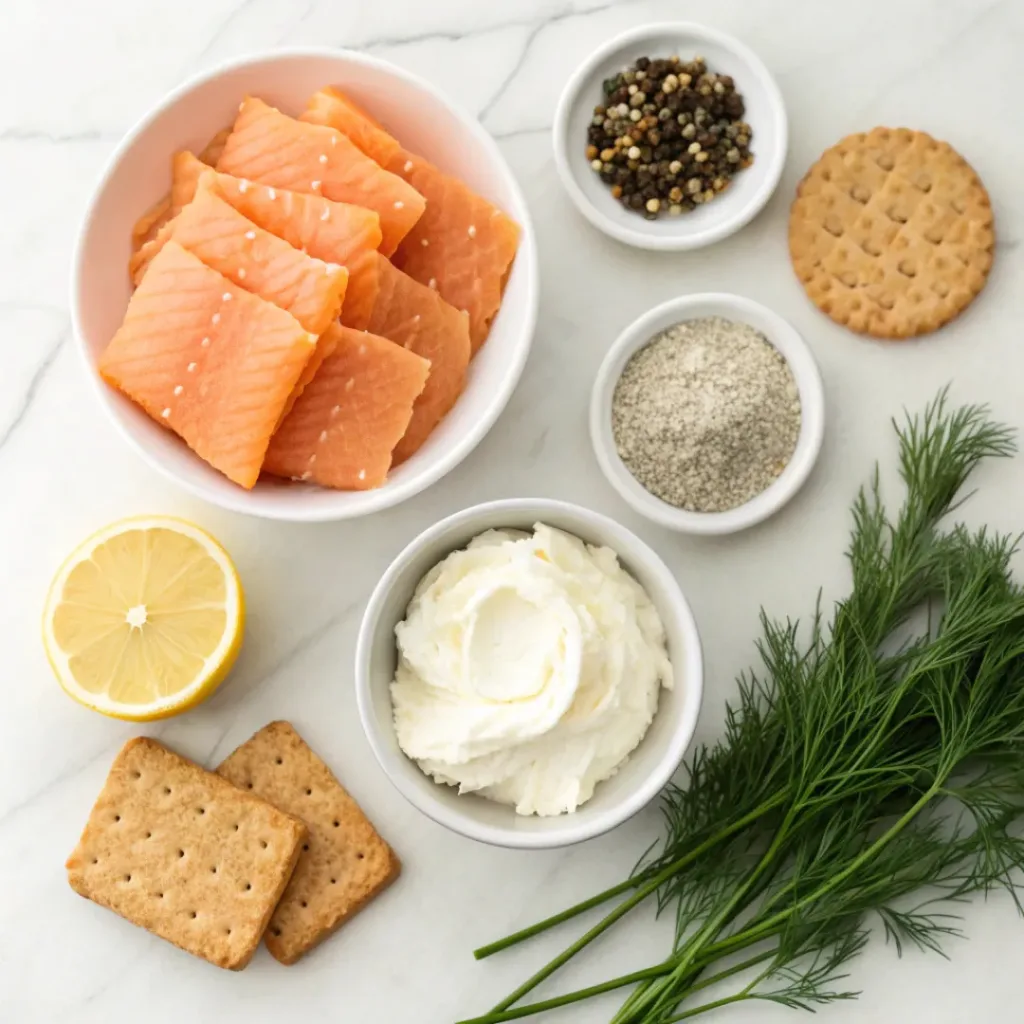 Smoked Salmon Cheeseball – Creamy & Elegant Appetizer 6 Flat lay of ingredients including smoked salmon, cream cheese, herbs, and crackers for a cheeseball.