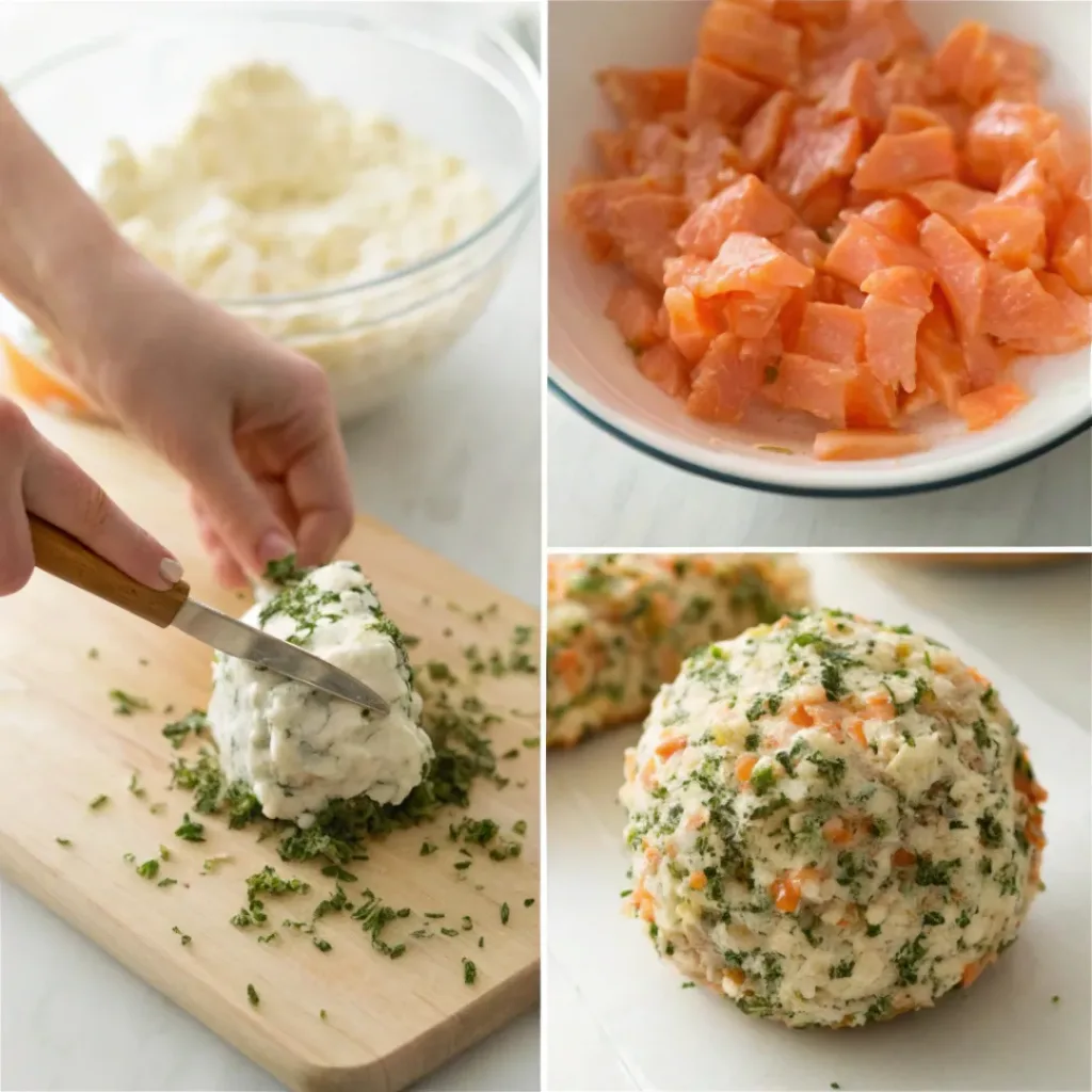 Smoked Salmon Cheeseball – Creamy & Elegant Appetizer 7 Step-by-step collage showing mixing, shaping, coating, and serving smoked salmon cheeseball.
