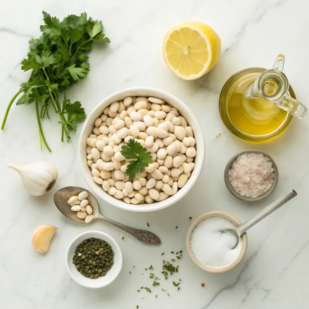 Flat lay of white bean dip ingredients including white beans, garlic, olive oil, lemon, and parsley.