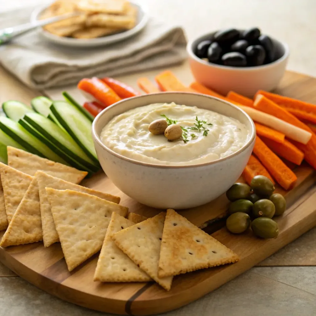 White bean dip served with pita bread, cucumber slices, carrots, and crackers.