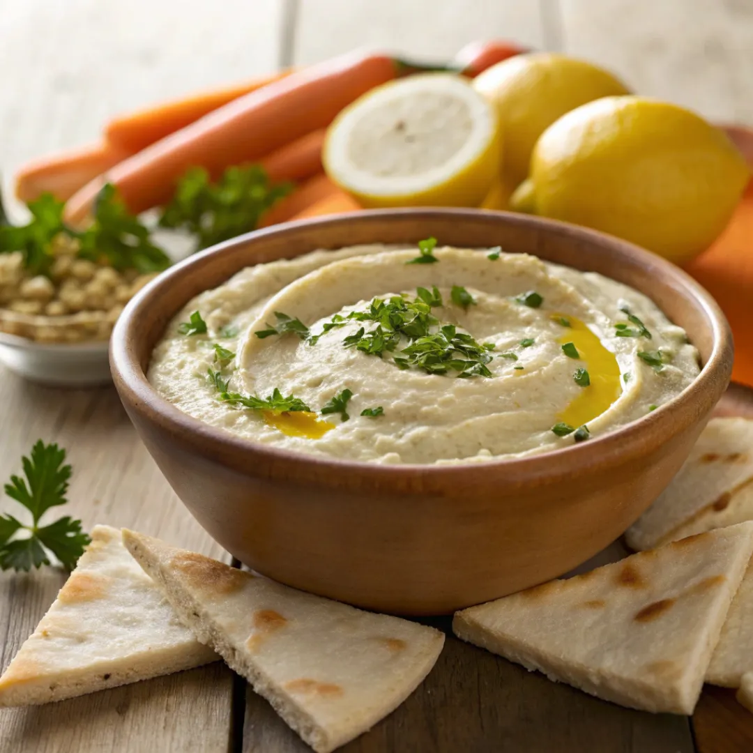 Creamy white bean dip topped with olive oil, parsley, and lemon zest served with pita bread.