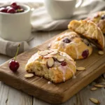 Almond cherry scones with glaze and sliced almonds on wooden board