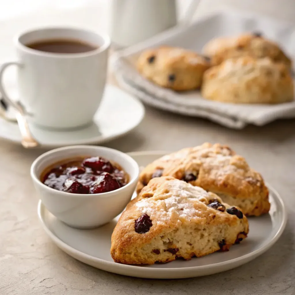 Almond cherry scones served with tea and jam on table