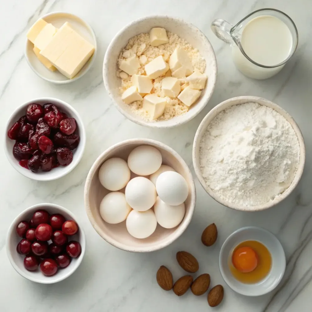 Flat lay of flour, cherries, almonds, butter, eggs, and baking ingredients