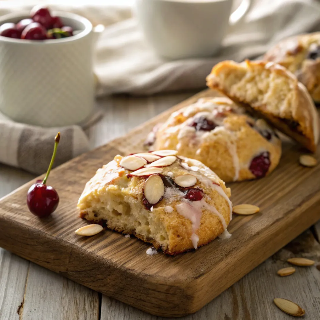 Almond cherry scones with glaze and sliced almonds on wooden board