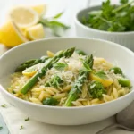Asparagus orzo pasta with lemon and herbs in bowl