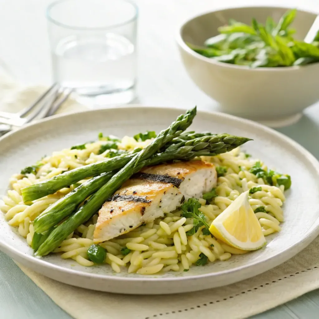 Asparagus orzo served with grilled chicken and fresh salad
