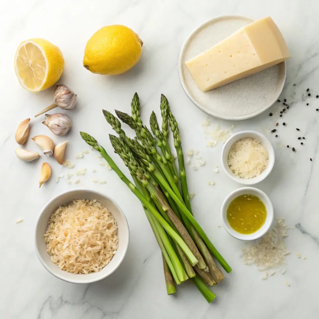 Flat lay of orzo pasta, asparagus, lemon, and cooking ingredients
