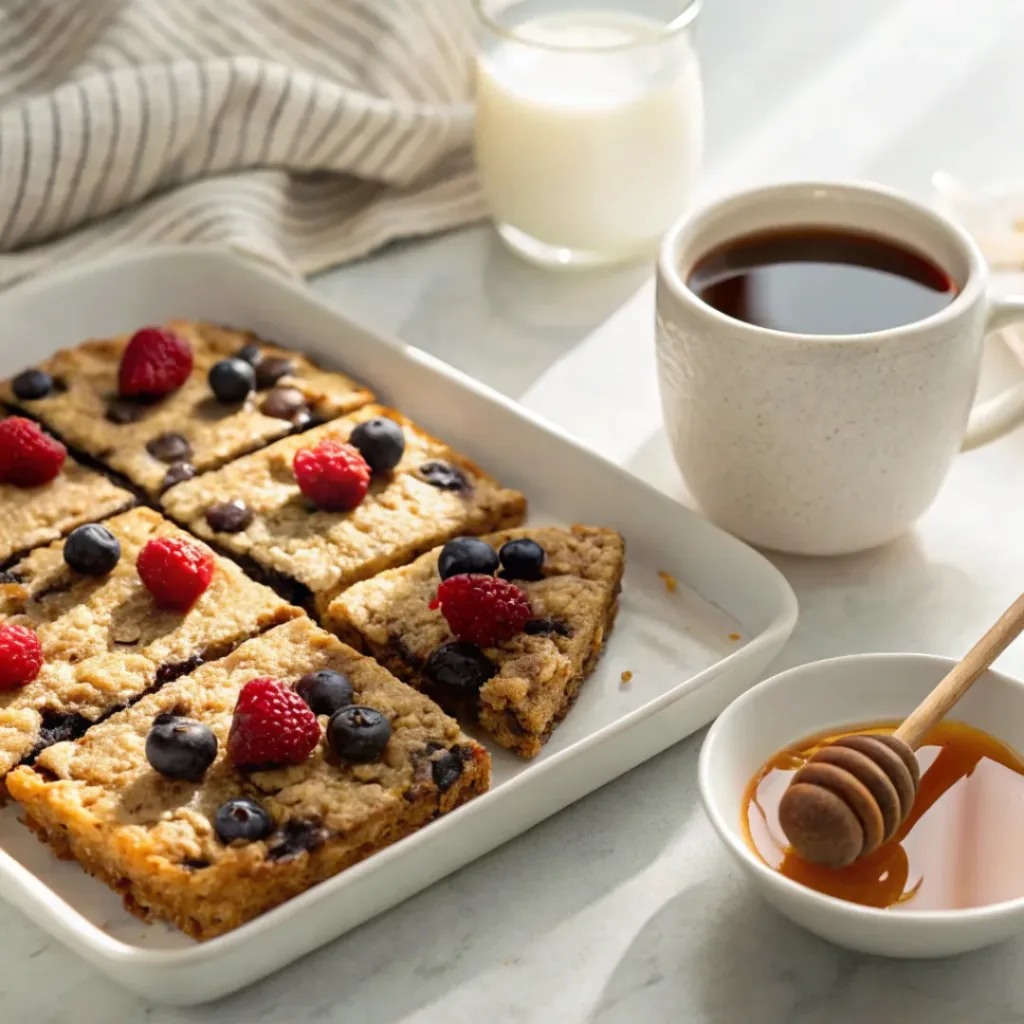 Sliced berry baked oatmeal served with fresh berries and coffee