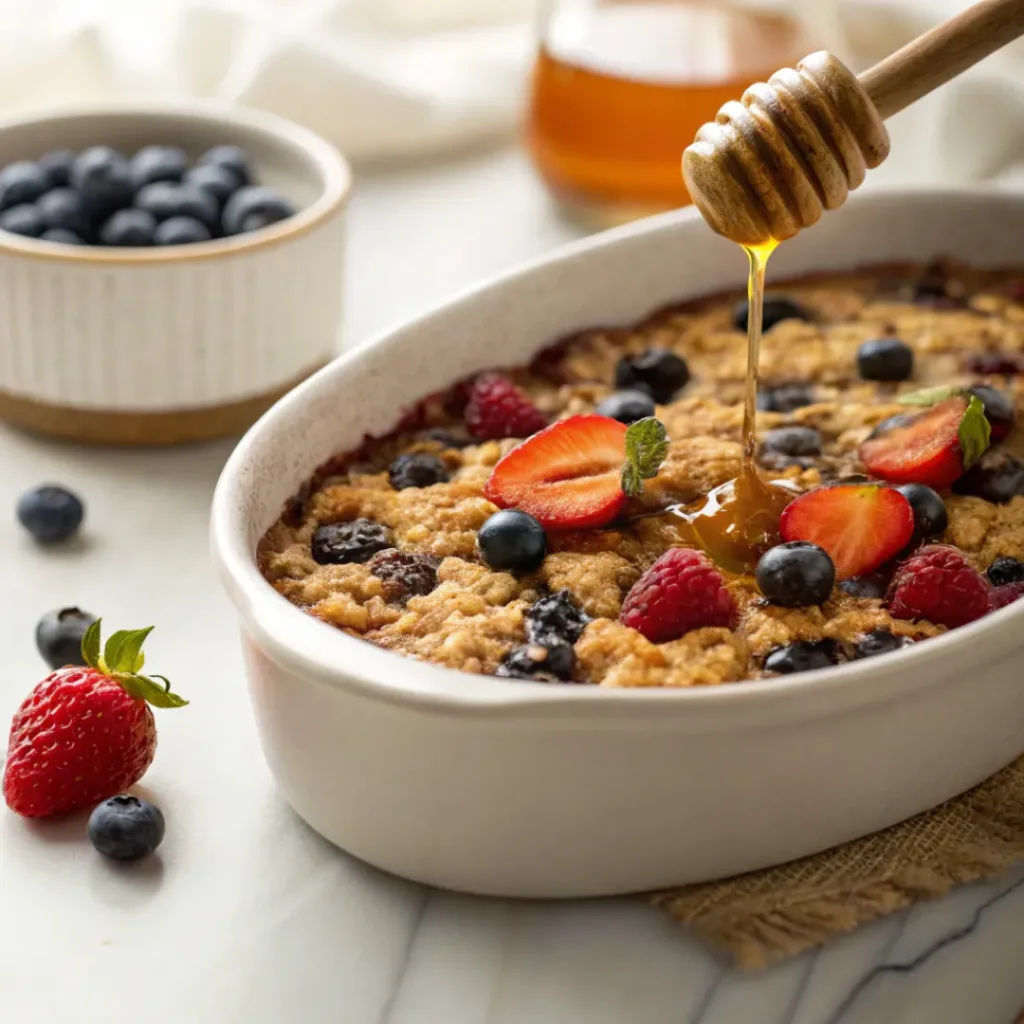 Berry baked oatmeal with golden top and fresh berries in dish