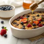 Berry baked oatmeal with golden top and fresh berries in dish