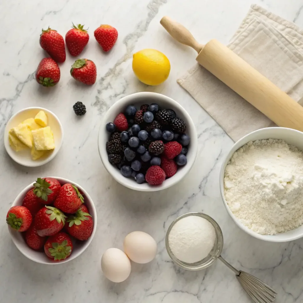 Flat lay of mixed berries, flour, butter, sugar, and baking ingredients