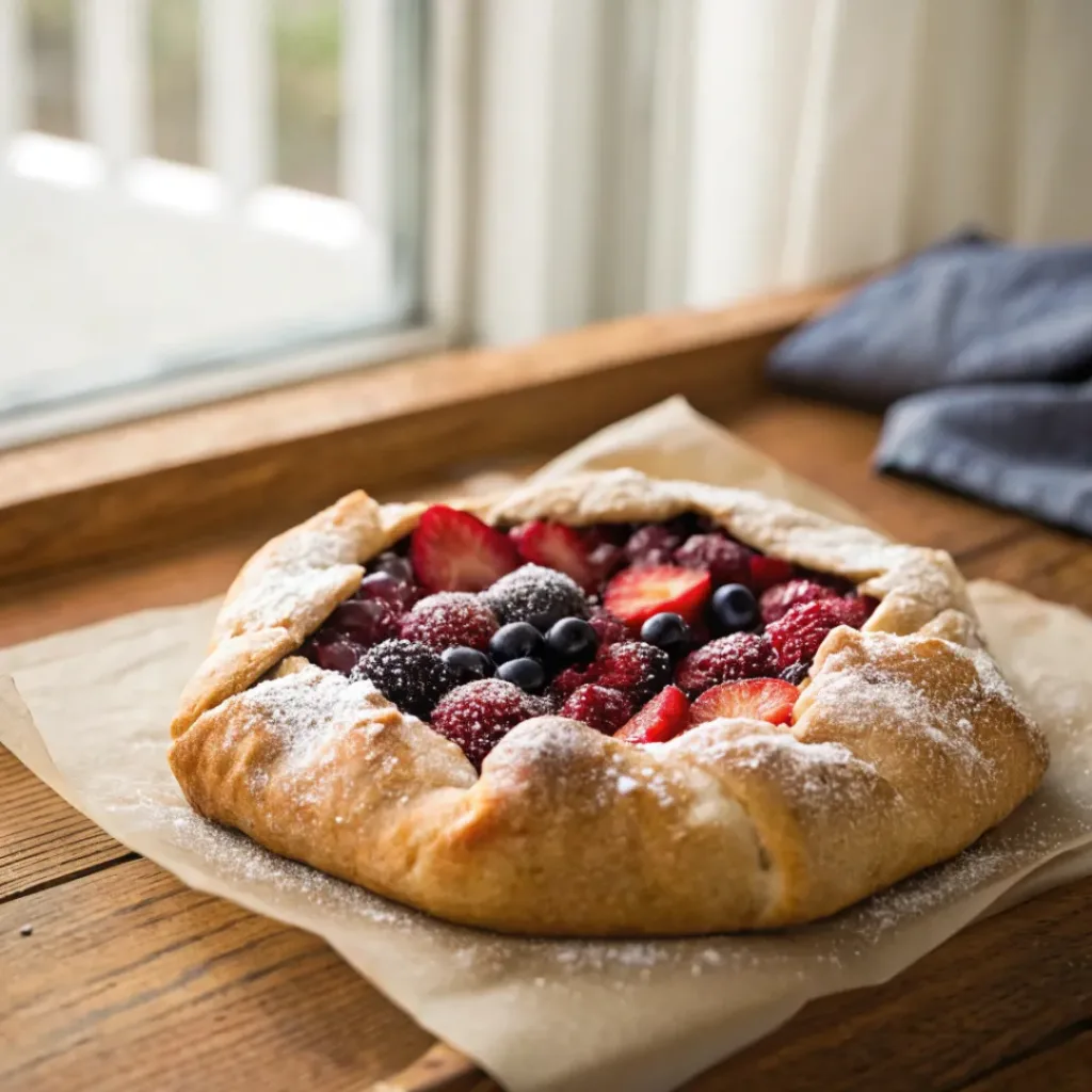 Flat lay of mixed berries, flour, butter, sugar, and baking ingredients